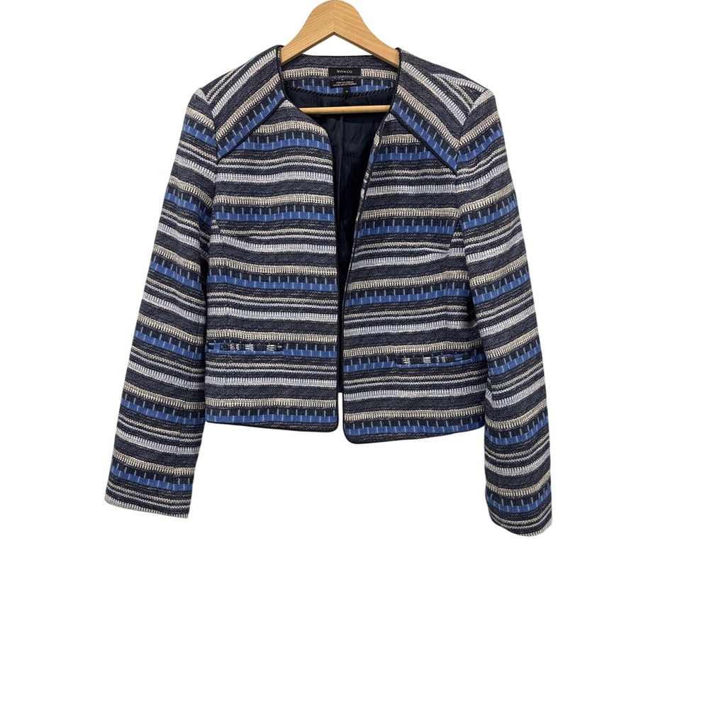 RW&CO Blue Striped Open Front Textured Jacket Blazer Size 14 Career Office